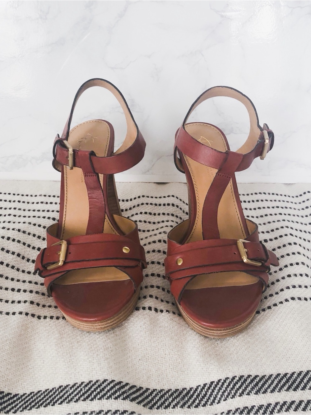 Nordstrom Brown Leather T-Strap Wedge Sandals